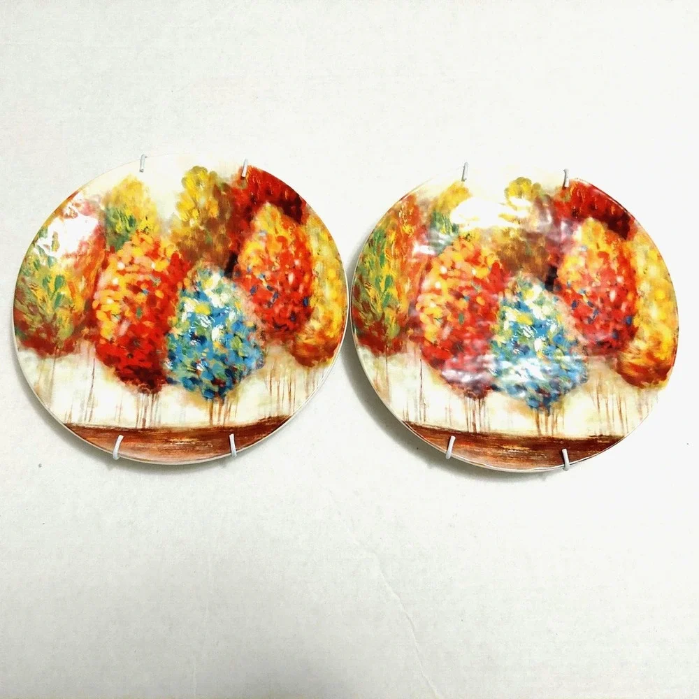 Pier 1 Imports Ironstone 2 Pc Set Decorative 8 1/2 Plates Beautiful Autumn Scene